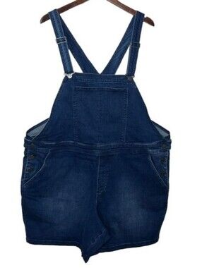 Universal Standard Denim Shortall Bibbed Short Overall Dark Wash Pockets Sz S 14